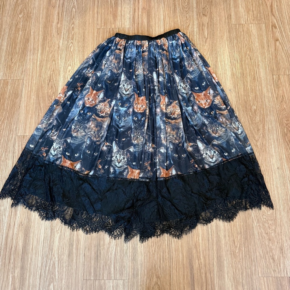 Dressed in LALA Cat Print Circle Skirt with Black Lace